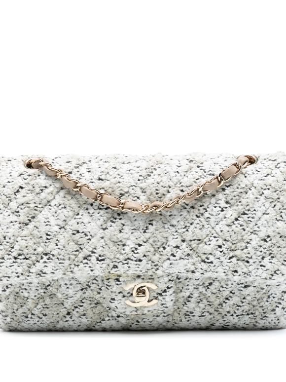 Chanel White Tweed Medium Classic Double Flap