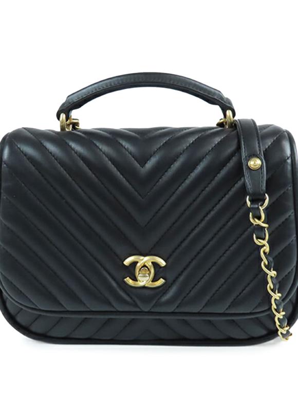 Chanel Black Medium CC Chevron Lambskin Chain Top Handle Flap