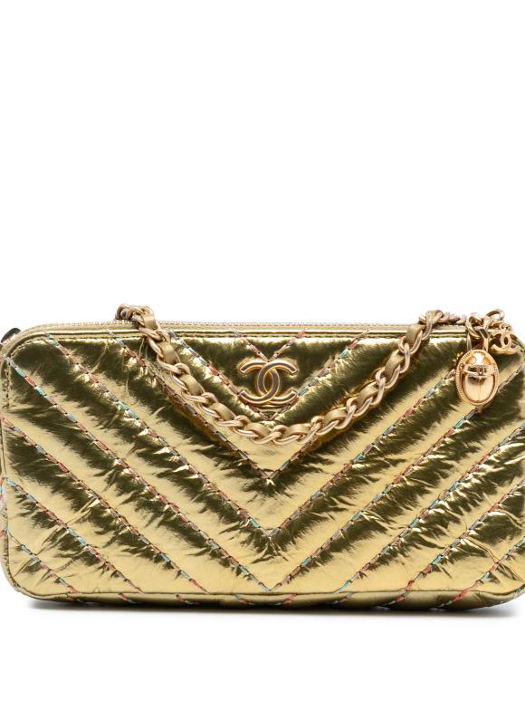 Chanel Gold  Chevron Metallic Lambskin Double Zip Wallet on Chain