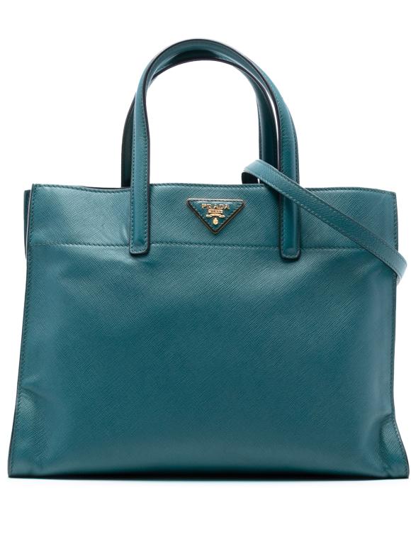 Prada Blue Green Saffiano Soft Triple Pocket Tote