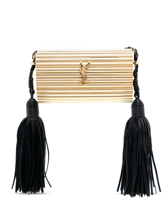 Saint Laurent Gold Ribbed Acrylic Lambskin Fringe Monogram Opium Box Bag