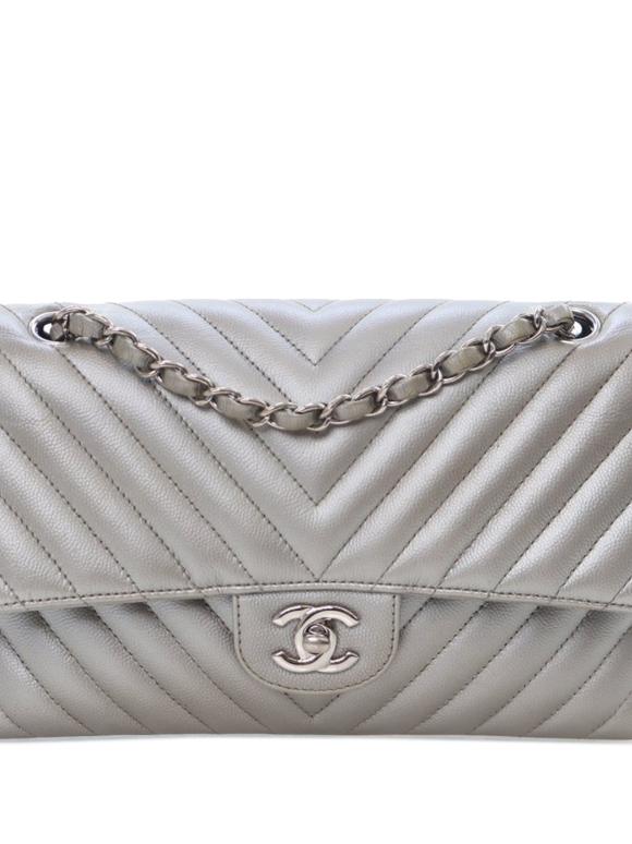 Chanel Silver Medium Classic Chevron Caviar Double Flap