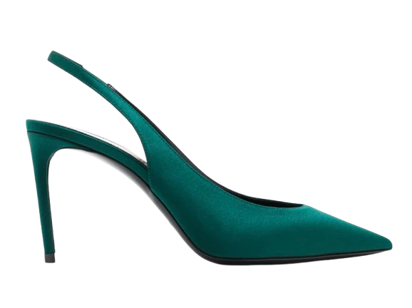 Saint Laurent Dorian Green Satin Heeled Slingback Shoes