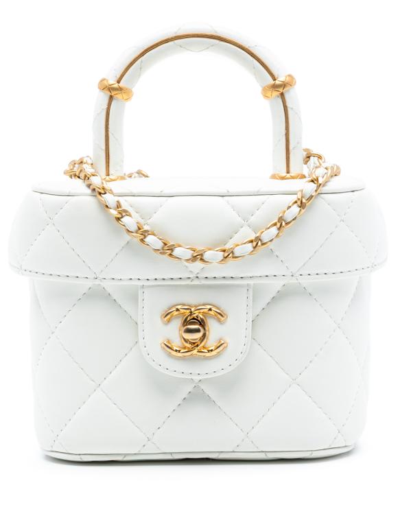 Chanel White Mini CC Quilted Lambskin Vanity Top Handle Cosmetic Case