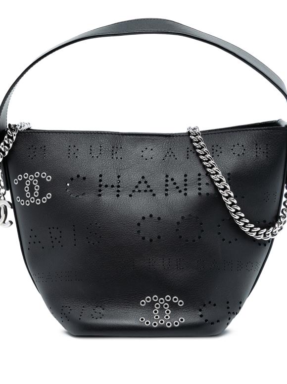 Chanel Black Small Perforated Calfskin Logo Eyelet Bucket Bag