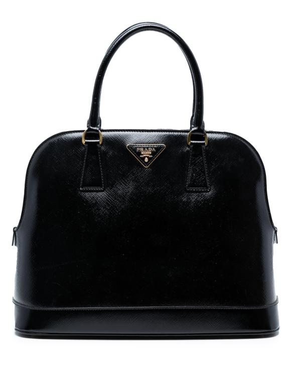 Prada Black Saffiano Vernice Promenade Dome Satchel