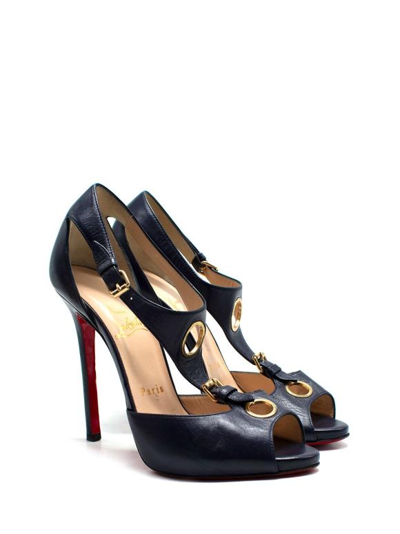 Christian Louboutin Black Leather Peep-Toe T-Strap Heels with Gold Hardware