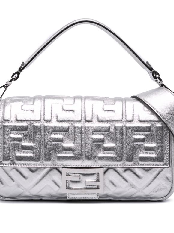 Fendi Silver Zucca Embossed Leather Baguette Satchel