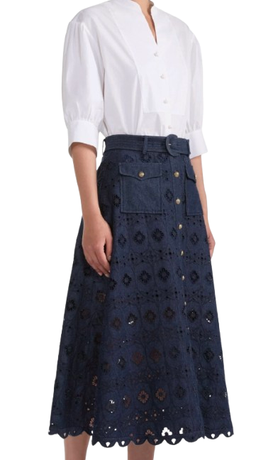 Saloni Denim Embroidered Kali Midi Skirt