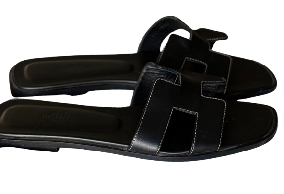 Hermes Black Leather Oran Sandals