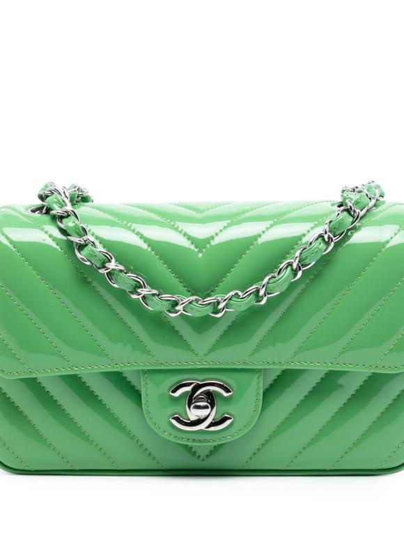 Chanel Green Mini Rectangular Classic Chevron Patent Single Flap