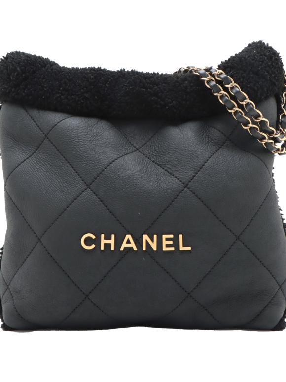 Chanel Black Small Quilted Aged Lambskin and Shearling 22 Bag