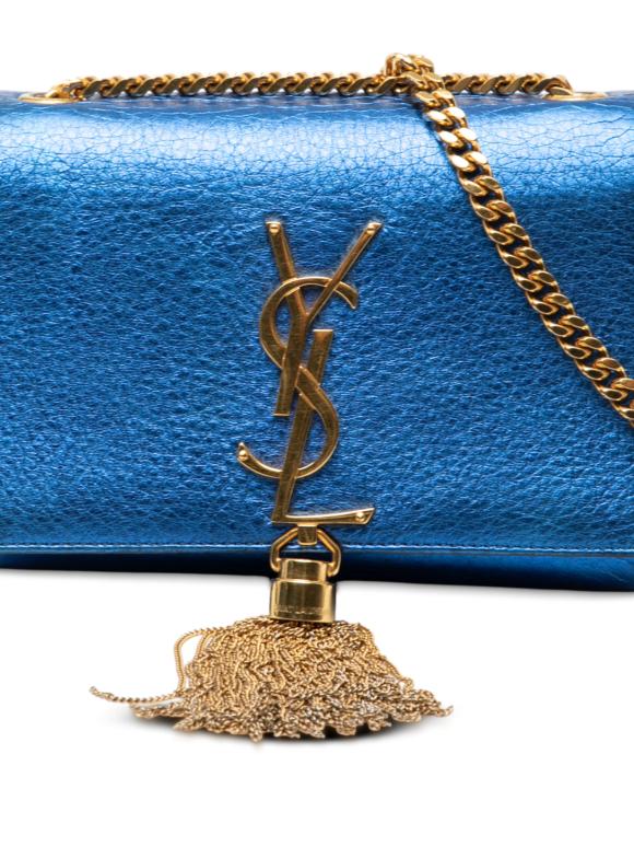 Saint Laurent Blue Small Metallic Calfskin Monogram Kate Tassel Crossbody