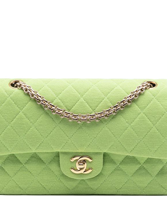 Chanel Green Medium Classic Jersey Bijoux Chain Double Flap