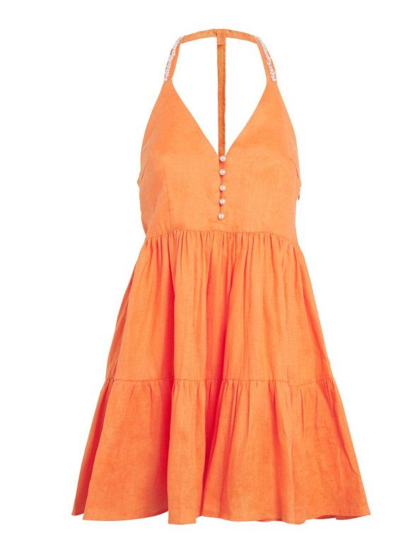 Maje Yellow Linen Pearl-Trim Mini Dress