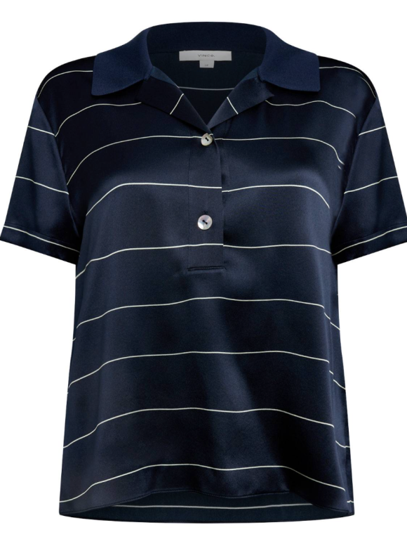 Vince Navy Silk Stripe Polo Shirt