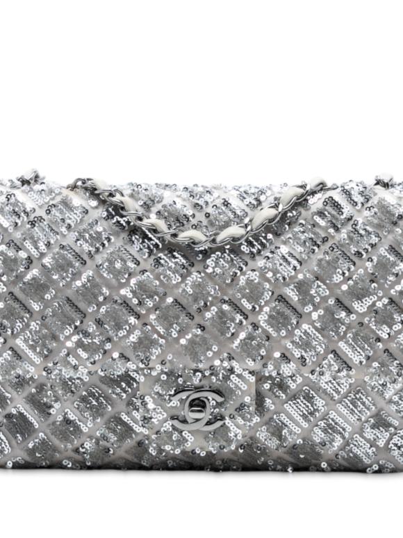 Chanel Silver Medium Classic Satin and Sequin Single Flap
