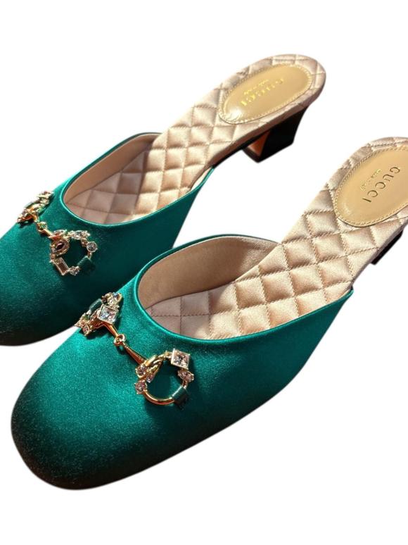Gucci Green Satin Heeled Mules