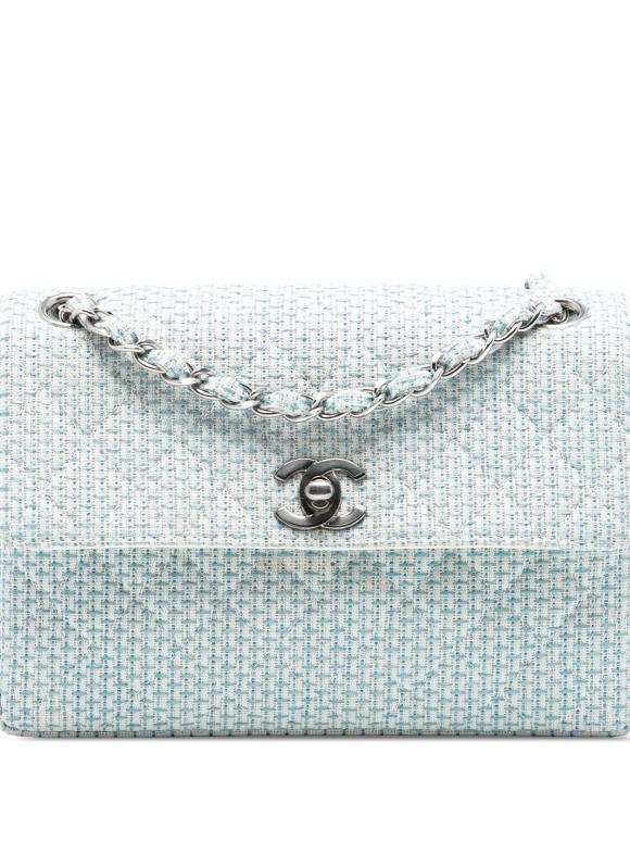 Chanel Blue And White CC Quilted Tweed Chain Flap