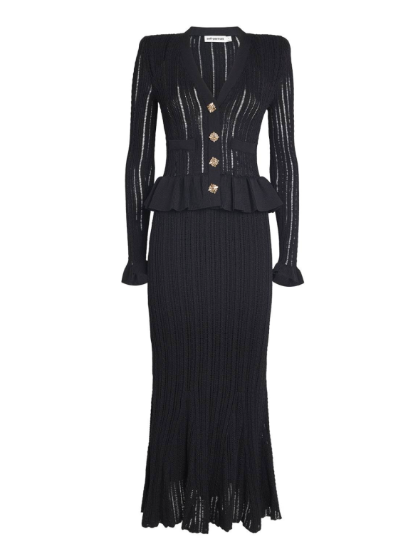 Self-Portrait Black Knit Peplum Midi Dress