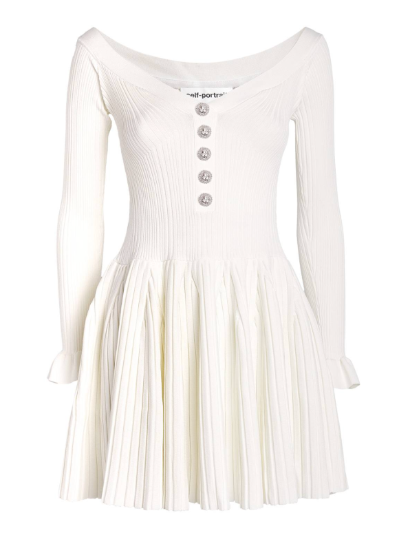 Self-Portrait Off-The-Shoulder Pleated Ribbed-Knit Mini Dress