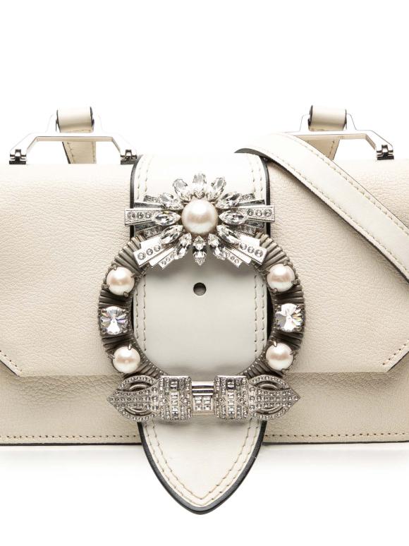 Miu Miu White Goatskin Madras Soft Calf Crystal Embellished Crossbody