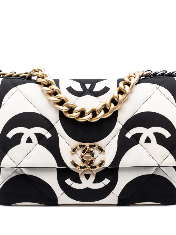 Chanel Black And White Large Printed Silk 19 Flap