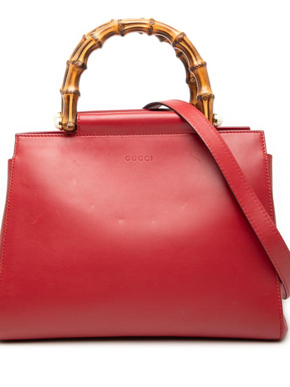 Gucci Red Small Leather Bamboo Nymphaea Satchel