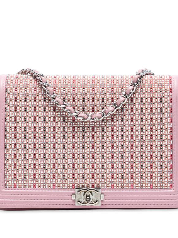 Chanel Pink Calfskin Crystal Studded Boy Wallet on Chain