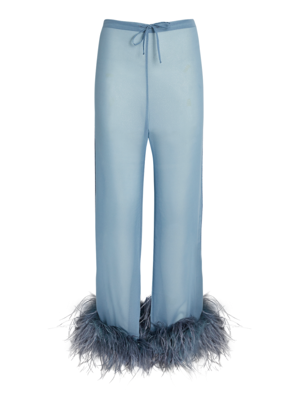 Oseree OSÉREE Lumière Feather-Trimmed Glittered Chiffon Straight-Leg Pants