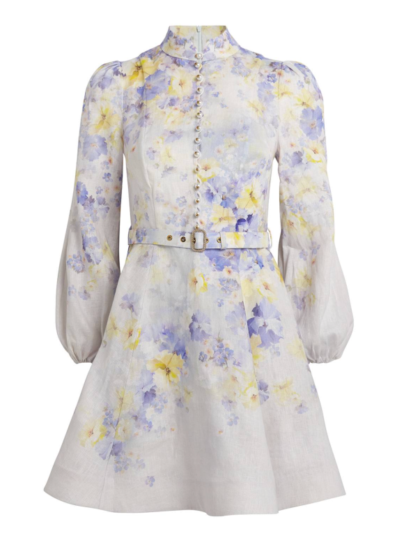 Zimmermann Crush Floral-Print Belted Linen Mini Dress