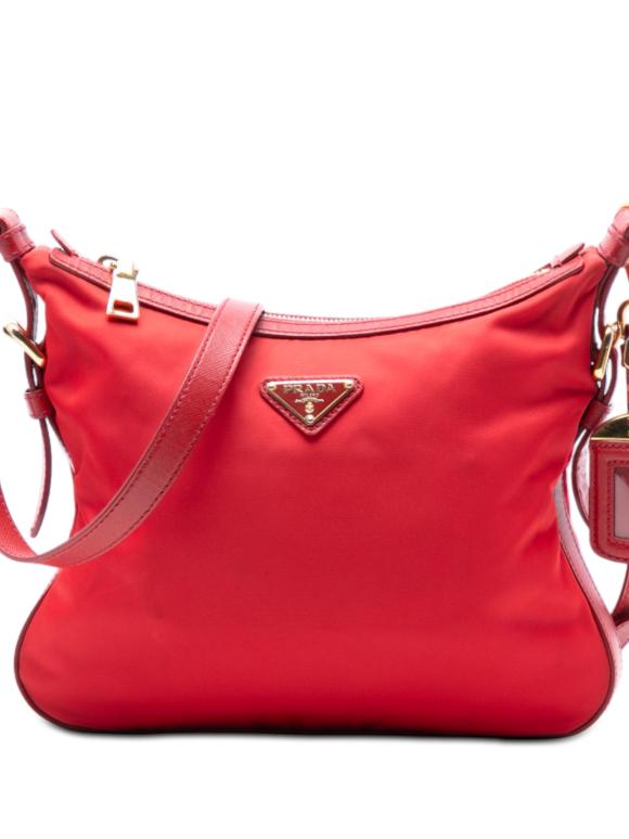 Prada Red Saffiano Trimmed Tessuto Zip Top Crossbody