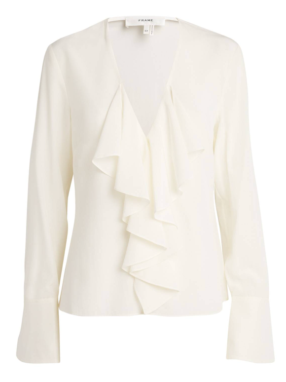 Frame Silk Ruffle-Neck Blouse