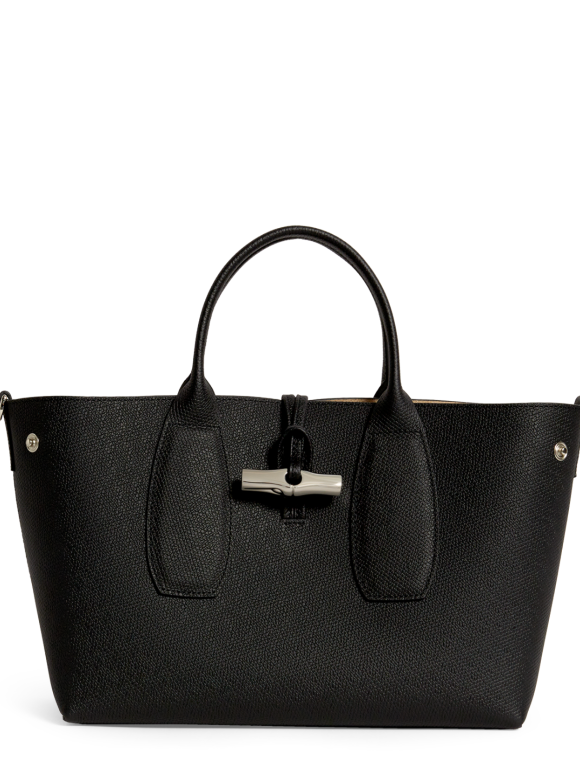 Longchamp Paris Le Roseau Real Leather M Handbag Black Top Handle