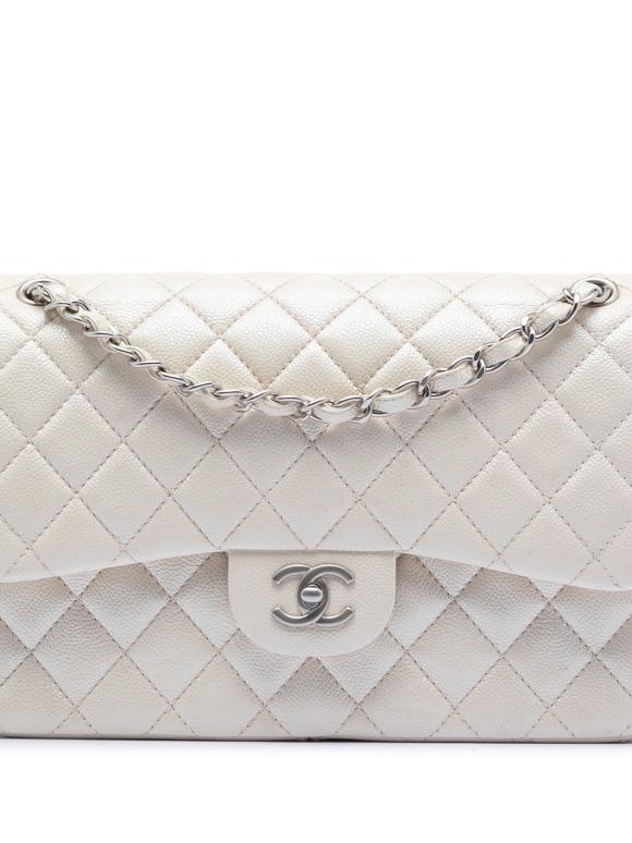 Chanel White Jumbo Classic Iridescent Caviar Double Flap