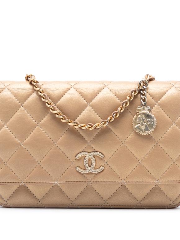 Chanel  Gold Quilted Iridescent Lambskin Coin Charm Wallet on Chain