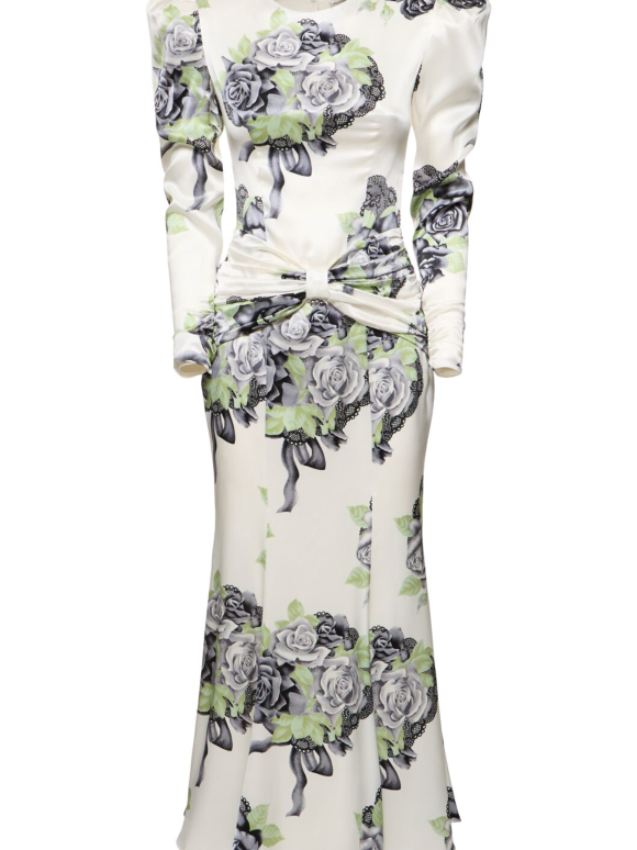 Alessandra Rich Silk Satin Rose Print Midi Dress