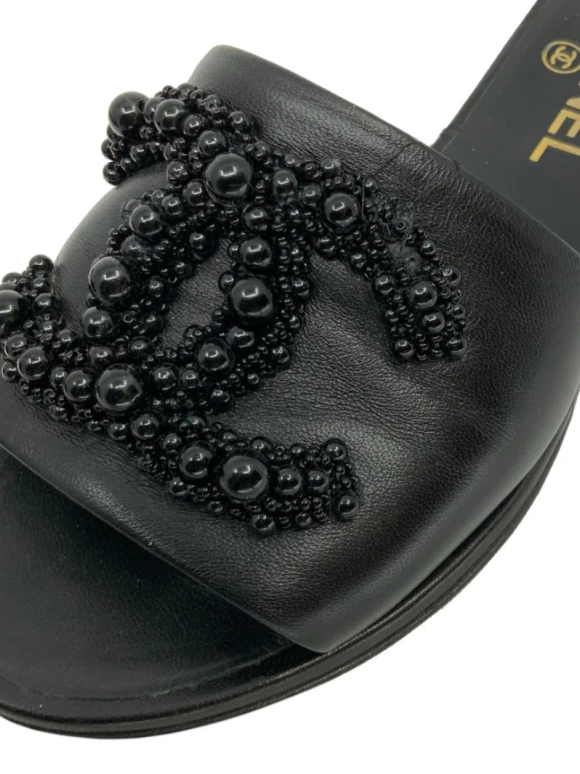 Chanel Embellished Black Slides