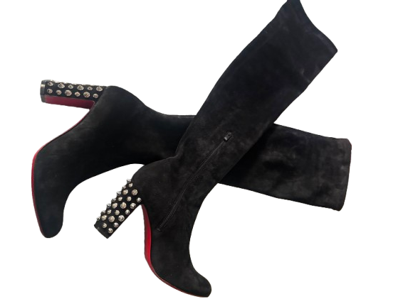 Louboutin Embellished Heel Long Stretch Suede Boots