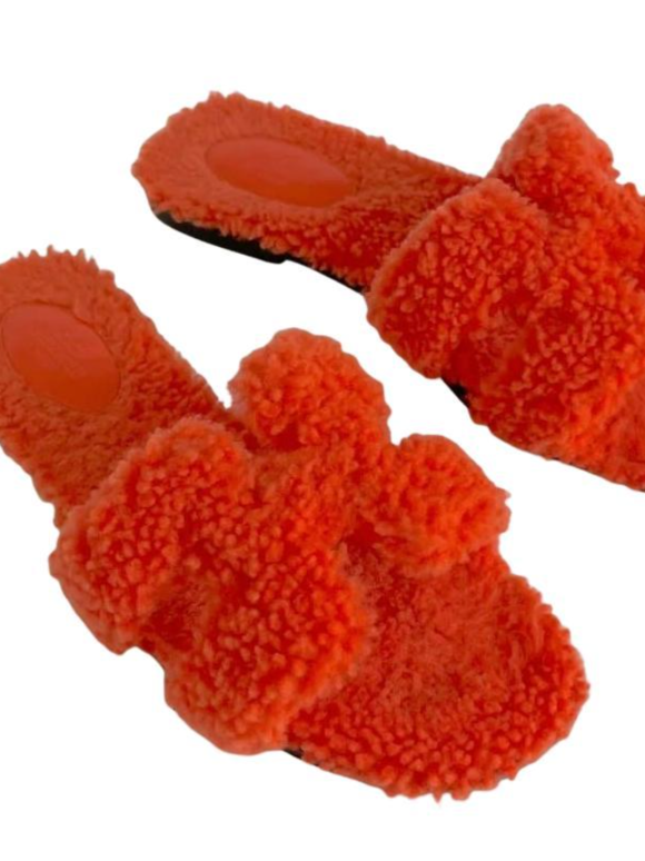 Hermes Orange Shearling Oran Sandals