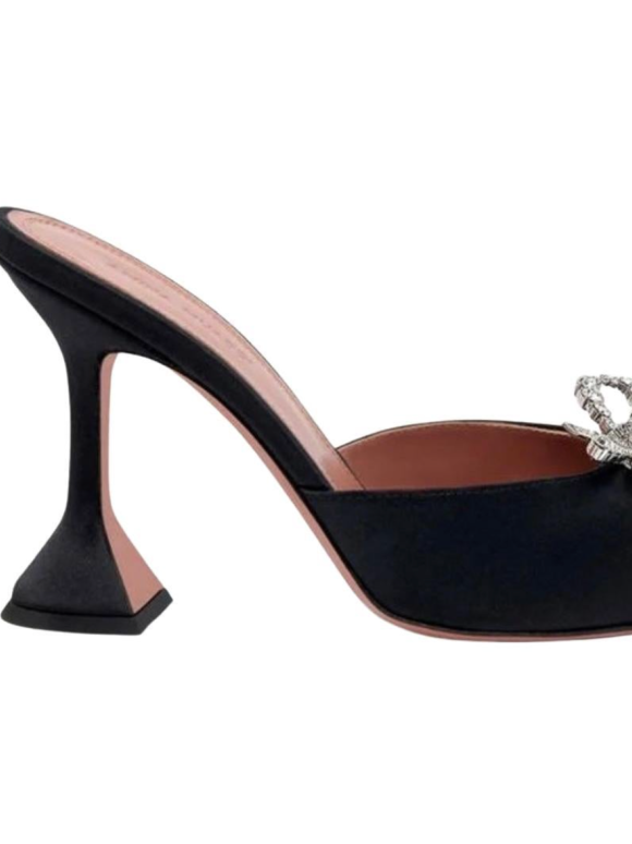 Amina Muaddi Black Satin Embellished Mules