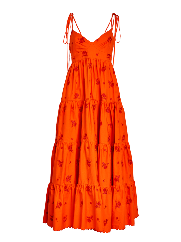 Erdem Floral-Embroidered Tiered Cotton-Poplin Midi Dress