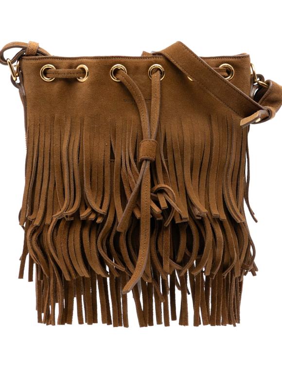 Saint Laurent Tan Small Suede Emmanuelle Fringe Bucket Bag