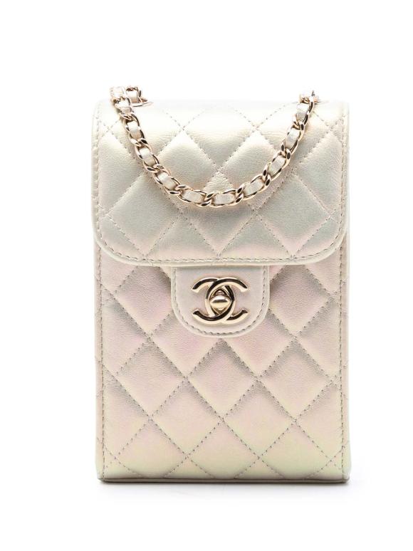 Chanel White CC Quilted Iridescent Lambskin Phone Holder with Chain
