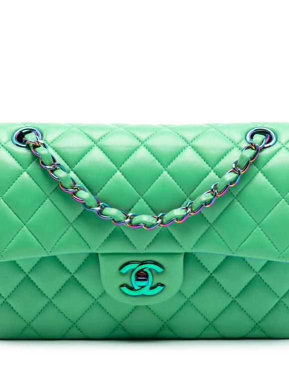 Chanel Green Small Classic Lambskin Rainbow Hardware Double Flap