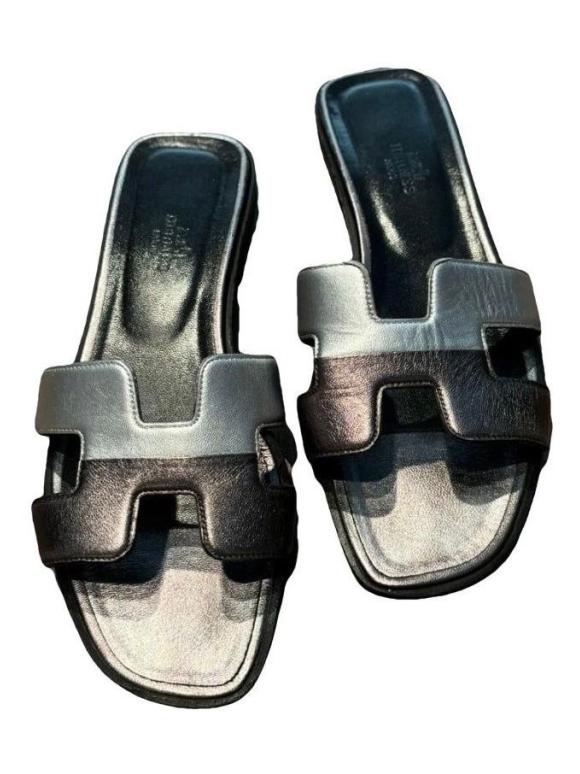 Hermes Black Leather Oran Sandals