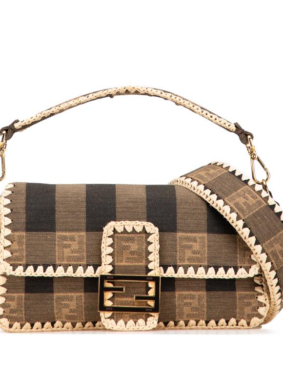 Fendi Brown Pequin Gingham Canvas And Raffia Baguette Satchel