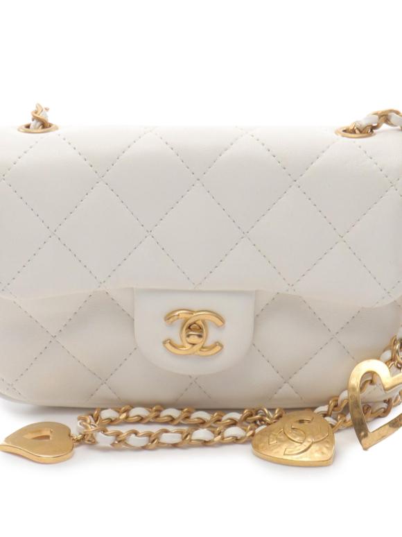 Chanel White Mini Rectangular Quilted Lambskin Heart Charms Flap