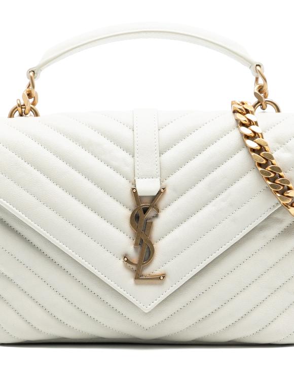 Saint Laurent White Medium Chevron Sheepskin Monogram College Satchel