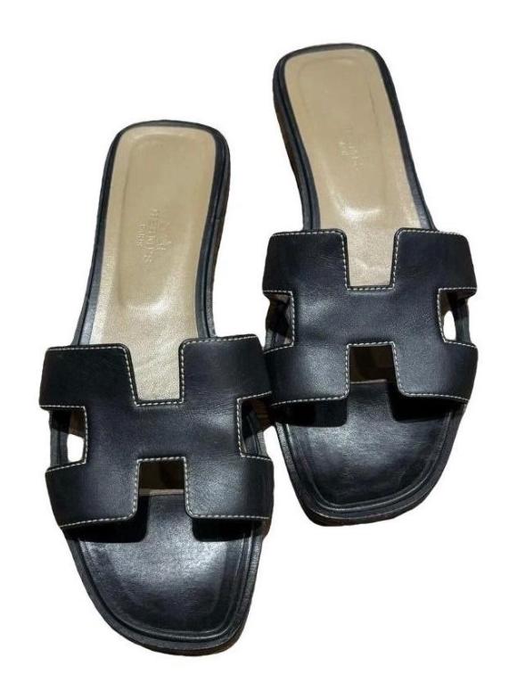 Hermes Black Leather Oran Sandals